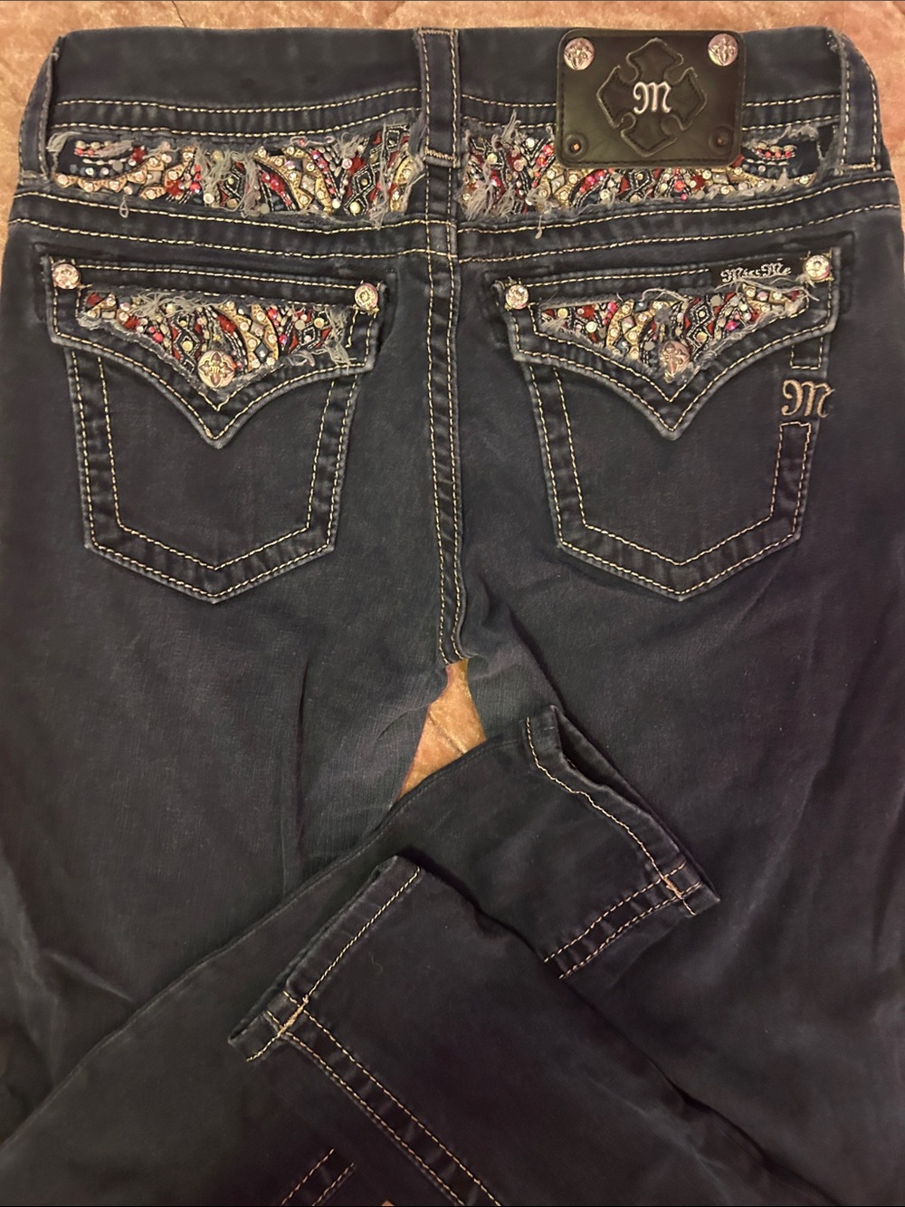 Miss Me Dark Blue Signature Skinny Jeans with Embroidered Rhinestone Pockets